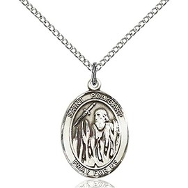 Bonyak Jewelry Saint Medal Collection Sterling Silver St. Polycarp of Smyrna Pendant 3/4 x 1/2 inches with Sterling Silver Lite Curb Chain
