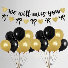 We Will Miss You Party Banner, Black Bow Gold Heart Glitter Bunting Garland Going Away Retirement Party Garland Black and Gold Balloons Colleagues Friends Farewell Goodbye Party Supplies