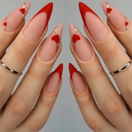 Valentine's Day Press on Nails Medium Almond Matte Red Heart Fake Nails with Gold Lines Wave Design Red French Tip Stick on Nails Stiletto Acrylic Glue on Artificial Nails False Nails for Women 24 Pcs