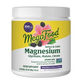 MegaFood Relax + Calm Magnesium Powder - Highly Absorbable Magnesium Glycinate, Citrate & Malate - Without 9 Food Allergens - BlackBerry Hibiscus Oasis - 7.05 Oz (50 Servings)