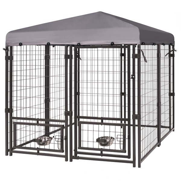 MUPATER Dog Kennel Outdoor Indoor with Roof and Rotating Feeding Doors, Large Metal Dog Pen Enclosure House Heavy Duty with Canopy, Door, 2 Bowl Holders and Bowls, 4.5'L x 4.5'W x 4.8'H