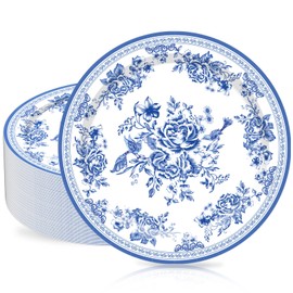 Whaline 40Pcs Blue Floral Paper Plates Blue White Flower Disposable Plates 9 Inch Decorative Dinner Dessert Plates for Spring Wedding Bridal Baby Shower Birthday Tea Party Supplies