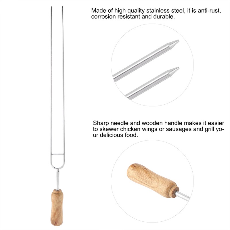 Stainless Steel Fork Wood Handle U shaped BBQ Roast Needle