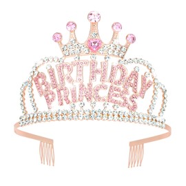Norbiariz Cute Pink Birthday Princess Tiara Crystal Girl Headband Happy Birthday Tiara for Women Girls Princess Crown Rhinestone Hair Styling Accessories Prom Headbands Crown with Comb