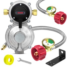 MEFUN RV Propane 2-Stage Auto Changeover LP Propane Gas Regulator with Two 18" RV Pigtail Propane Stainless Braided Hoses with Gauge, Dual Propane Tank Regulator for RVs, Vans, Trailers,Camper