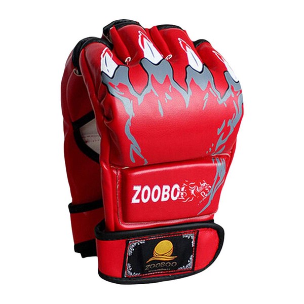 ZooBoo MMA Gloves, Half-Finger Boxing Fight Gloves MMA Mitts with Adjustable Wrist Band for Sanda Sparring Punching Bag Training (One Size Fits Most) (Red)