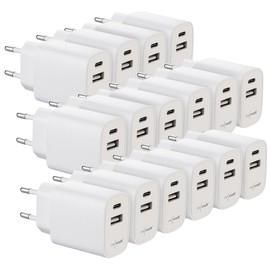 revolt Socket Charger: Economy Pack of 16 2-Port USB Power Supplies, USB-A & USB-C, 2A, 10 Watt, White (230 V Power Supply, UBS Power Supplies)