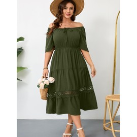 RWJ Women's Summer Boho Maxi Dresses Casual Square Neck Short Sleeve A-line Empire Waist Long Flowy Beach Dress Army Green L