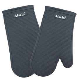 Alselo Oven Mitts Heat Resistant Silicone Kitchen Gloves for 550 Degrees with Waterproof and Non-Silp, Set of 2 Oven Gloves for Baking Cooking Barbecue Microwave Machine Washable (Grey, 2)