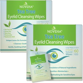 NOVEHA 120Pcs Tea Tree Oil Eyelid & Lash Wipes With Hyaluronic Acid, Green Tea & Chamomile For Blepharitis & Itchy Eyes, Individually Wrapped Eyelash Wipes, Natural Makeup Remover & Cleanser (2 Pack)