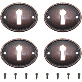 FMHXG 4PCS Elliptical Vintage Decorative Corner Code Lock Plates Red Antique Copper Metal Iron Keyhole Cover Pins 1.37x1.06 Inches for Drawer Installation Keyhole Covers Cabinet Doors Desks Boxes