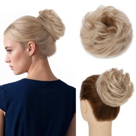 MY-LADY Messy Bun Hair Piece 100% Human Hair, Curly Hair Bun Messy Buns Hair Pieces for Women Hair Buns with Elastic Band Tousled Updo Ponytail Extension Light Brown Mix Bleach Blonde