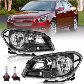 TUSDAR Headlight Assembly Replacement Fit For 2008 2009 2010 2011 2012 Chevy Malibu 4 Door Halogen Factory Headlamp Driver & Passenger Side (Black Housing with Clear Reflector, w/Bulbs)