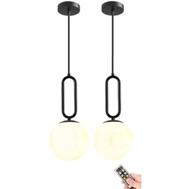 Battery Operated Pendant Lights Set of 2,USB Rechargeable Hanging Lamp with Remote Timer,Modern Black Globe Glass Pendant Lighting Fixture Indoor Chandelier for Bedroom Kitchen Island Dining Room