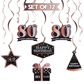 LINGTEER Happy 80th Birthday Rose Gold Swirls Streamers - Cheers to 80th Birthday Eighty Years Old Bday Party Hanging Decorations.