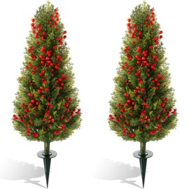 Yunlly 2 Set 3 FT Artificial Cedar Topiary Trees Fake Cypress Trees for Christmas Indoor Outdoor, Faux Evergreen Shrub Bushes Plant UV-Resistant with Spike for Front Porch Garden Decor(Vivid Berry)