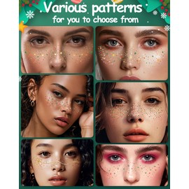 6 Style Set Christmas Glitter Freckles Face Tattoo Gold Face Glitter Freckles Glow Up Makeup Patches, Sparkle Freckle Snowflake Speckles Patches Glitter Makeup Accessories for Women