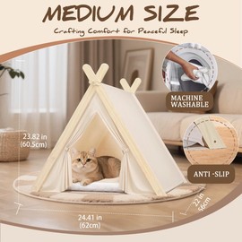 XiMaiChy Pet Teepee with Thick Cushion, Cat Tents for Small Dogs Puppy and Cats,Portable Houses Indoor with Thick Cushion,Puppies Play House Removable and Washable,Beige
