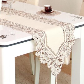 WELLYUK 15" X 57" Classic Flower Embroidery Table Runner, Vintage Polyester Festival Xmas Lace Floral Dresser Scarf Dining Dinner Lunch Home Kitchen Party Decor