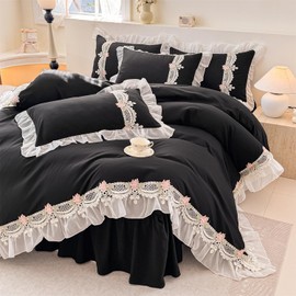MOOWOO Flower Lace Ruffled Bedding Set- Sweet Girl Chiffon Ruffles Duvet Cover Set- 3PC(1 Full Duvet Cover 80x90 Inch, 2 Pillowcases) Aesthetic Bedding for Romantic French Wedding