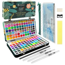 Artecho Watercolour Paint Set 168 Colours in Portable Box, with Brush and Watercolour Paper, Watercolour for Travel, Watercolours for Artists and Hobby Painters