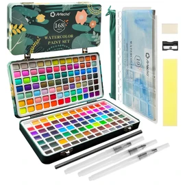 Artecho Watercolour Paint Set 168 Colours in Portable Box, with Brush and Watercolour Paper, Watercolour for Travel, Watercolours for Artists and Hobby Painters