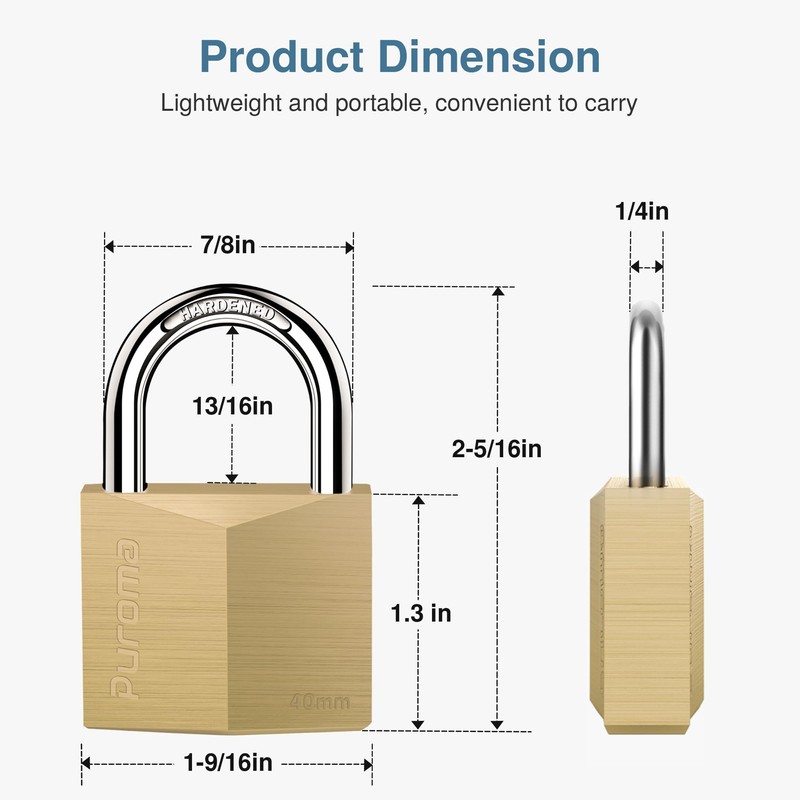 Puroma 2 Pack Keyed Padlock Waterproof Solid Brass Lock, 1.1