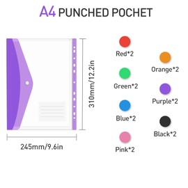Ansook 14 Pack Expandable Punched Pockets A4 Plastic File Jackets, Colourful File Pockets, A4 Folders Transparent Pocket with Snap Fastener and Label Pocket for Home, Office and School, 7 Colors