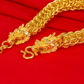 HannaFires ダブルヘッド金龍ブレスレット – 24Kゴールドメッキ チェーン 成功・富・健康・守護の開運アクセサリー ビジネスマン・ビジネスウーマンへの高級ギフト