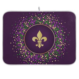 ZzWwR Mardi Gras Holiday Golden Fleur-De-Lis Purple Absorbent Dish Drying Mat, 16 x 18 Inches Microfiber Kitchen Countertop Table Protector Multi-purpose Counter Rack Sink Drainer Pad
