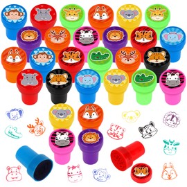 Hxezoc 24 Pieces Safari Animal Print Stamp, Mini Colorful Self Inking Jungle Animal Stamps Party Favors Assorted Stamp Set for Classroom Party Educational Learning Activities Supplies