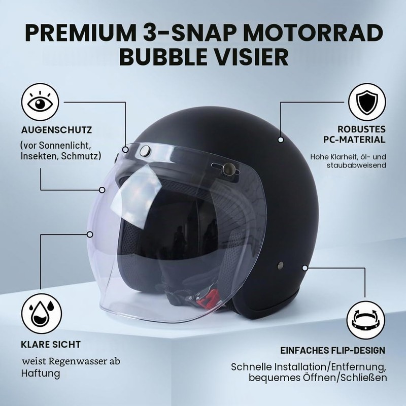 lvifloae MotorradBubble Visor, 3 Snap Visor Windscreen Lens with Folding