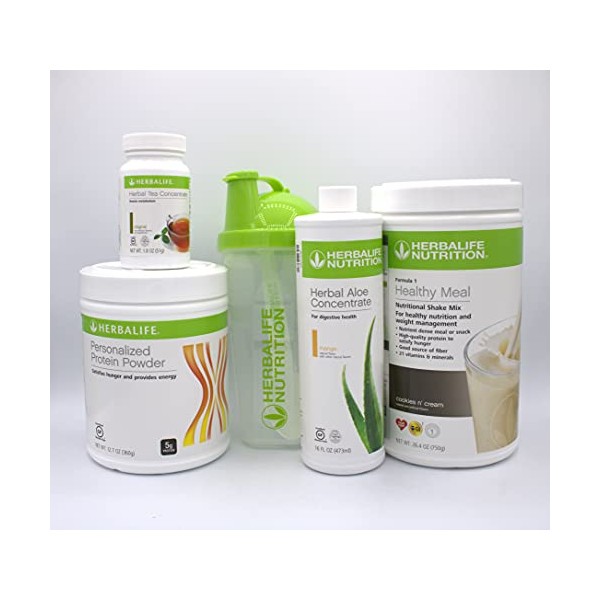 HERBALIFE COMBO FIVE FORMULA 1 Healthy Nutritional Shake Mix (Cookies and Cream 750g)-HERBAL ALOE CONCENTRATE PINT 473ml-PERSONALIZED PROTEIN POWDER 360g-HERBAL TEA CONCENTRATE 51g with SHAKER CUP and SPOON
