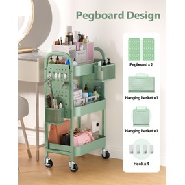 ALVOROG 3 Tier Rolling Cart with DIY Pegboards Metal Utility Cart with Wheels Handles Baskets Hooks, Storage Cart for Office Kitchen Bathroom(Green)