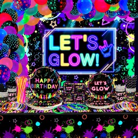 Glow Neon Party Supplies - Glow in the Dark Birthday Let's Glow Backdrop Banner, Plates, Glow Sticks, Tablecloths, Cups, Napkins, Neon Balloons, for Blacklight Party Decorations Serves 20 (Set A)
