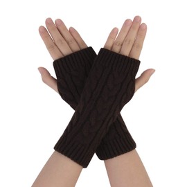 sourcing map Women's Ribbed Wrist Arm Warmers Stretchy Cable Knitted Fingerless Gloves Dark Brown One Size