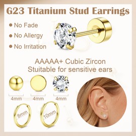 KRFY 5 Pairs G23 Titanium Earrings for Sensitive Ears Dot Ball Cubic Zirconia 20G Pure Titanium Hypoallergenic Stud and Hoop Earrings Set for Multiple Piercing Cartilage Flat Back Earrings for Women
