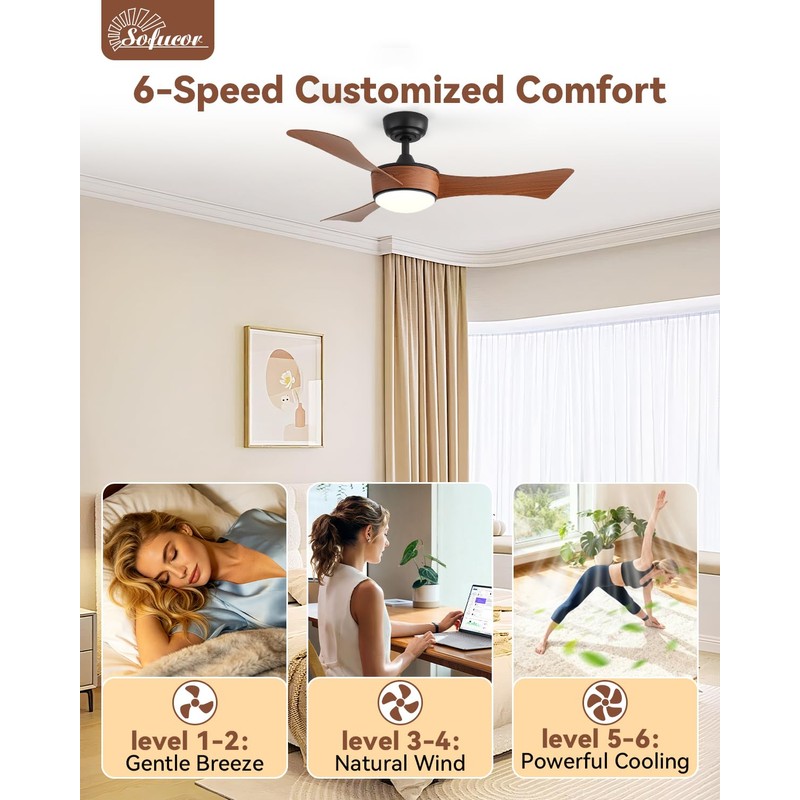 Sofucor 42 Inch Ceiling Fans with Lights-Modern Brown Small Bedroom