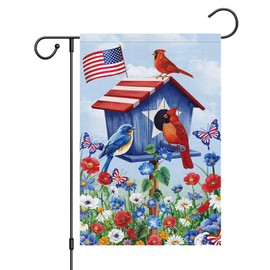 Louise Maelys 4th of July Birdhouse Garden Flag 12x18 Double Sided, Small Burlap Patriotic Floral Cardinal Bird Garden Yard House FLags for Memorial Day Independence Day Outdoor Decor (ONLY FLAG)