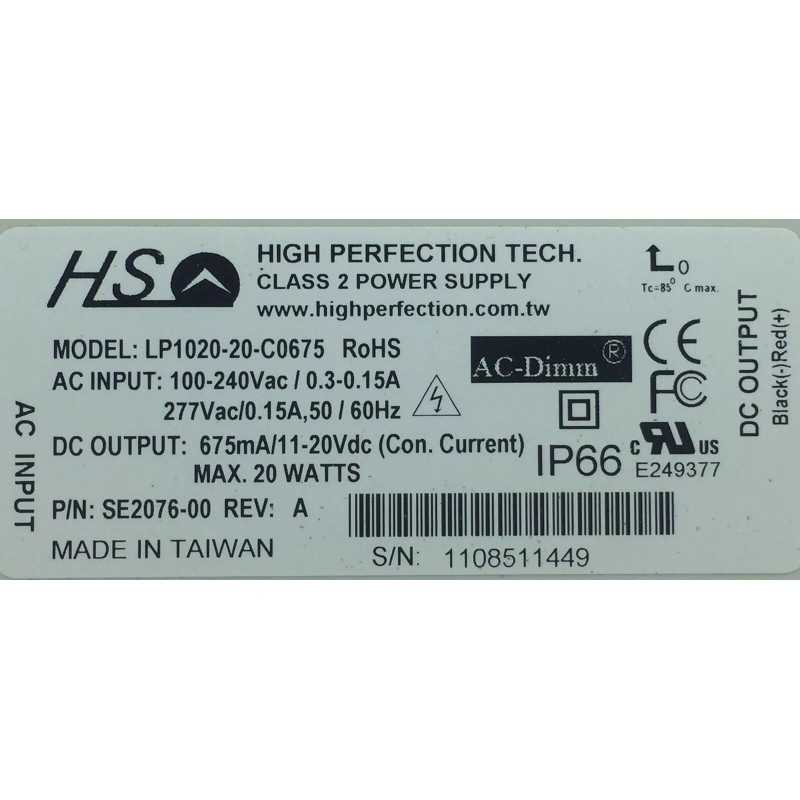 High Perfection LP1020-20 Class 2 LED Power Supply 11-20 VDC