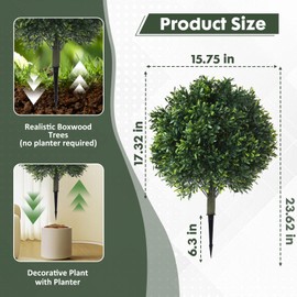 24" Artificial Boxwood Topiary Ball Trees, w/Ground Spike, Set of 2 UV Resistant Fake Evergreen Shrubs Bushes Plants for Artificial, Fake for Front Porch,Garden,Yard