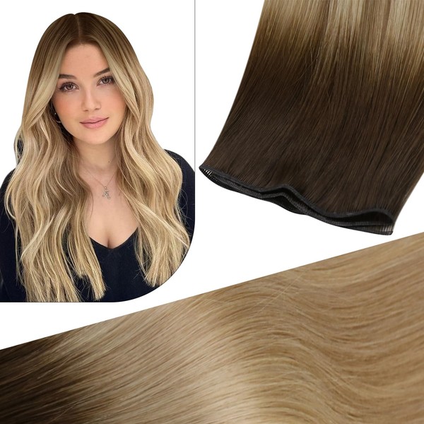 Fshine Real Hair Wefts for Sewing 40 cm Natural Straight Hair Wefts Real Hair Colour 3 Dark Brown Faded to 8 Light Brown and 22 Light Blonde Balayage Virgin Hair Extensions Real Hair 25 g #3-8-22