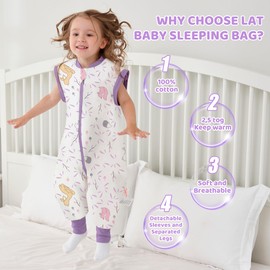 LAT Baby Sleeping Bag with Feet Removable Sleeves,2.5 TOG 100% Cotton Toddler Sleeping Bag with Legs,3-way Zipper Winter Wearable Blanket(Rabbit+Leaves,L)