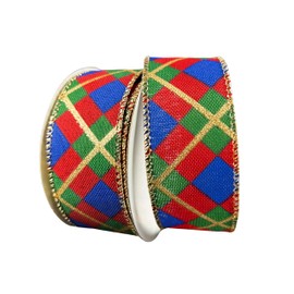 Christmas Nutcracker Plaid Wired Edge Ribbon, 1.5 Inch x 10 Yards, Red Blue Green Gold