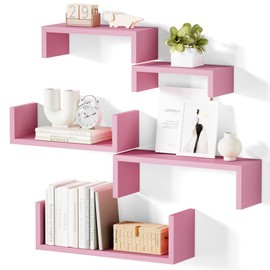 SRIWATANA Floating Shelves, Wall Shelves for Bathroom, Bedroom, Living Room, Kitchen, Office, Wood Shelves for Wall Decor Set of 5 (Pink)