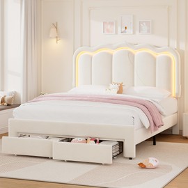 Full Upholstered LED Bed Frame with 2 Storage Drawers and Adjustable Chic Double Wavy Headboard, Velvet Princess Platform Bed with Charing Station, Solid Wood Slats Support,No Box Spring Needed,Beige