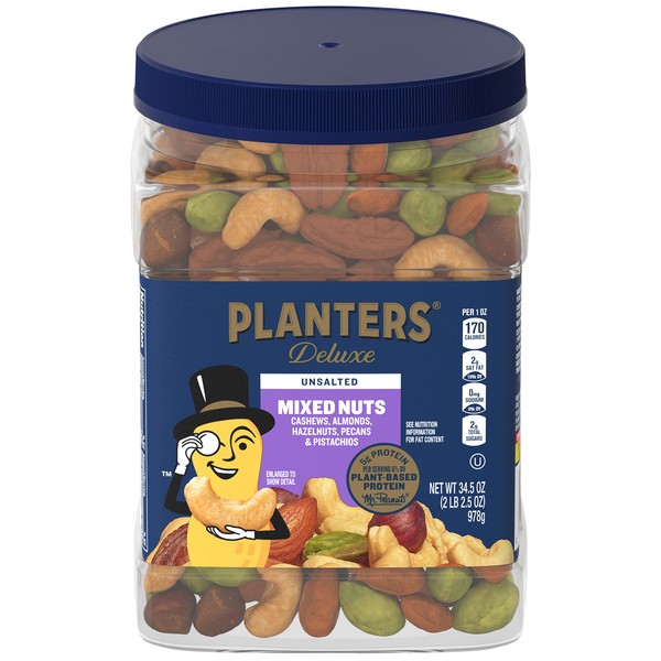 PLANTERS Unsalted Premium Blend Cashews, Almonds, Hazelnuts, Pecans Pistachios, 2.16 lb. Container
