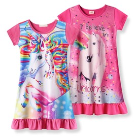 Jurebecia 2Pcs Little Girls Nightgowns Princess Unicorn Nightdress Kids Short Sleeve Nightie Dress Pajamas Night Dress Sleepwear Pink Size 7-8 Years