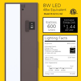 GETINLIGHT 18-inch 3 Color Levels LED Under Cabinet Lighting, Hardwired or Plugged-in, Selectable White 2700K/3000K/4000K, Dimmable, Bronze Finished, IN-0210-2-BZ