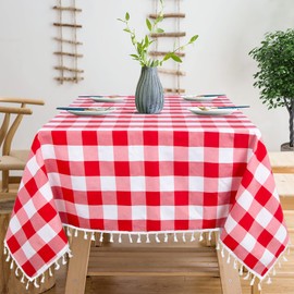 ShinyBeauty Checkered Tablecloth Square 54"x54" Red White Buffalo Plaid Table Cloth with Tassel Garden Cotton Table Linen Overlay Farmhouse Check Fabric Table Cover for Holiday Gatherings